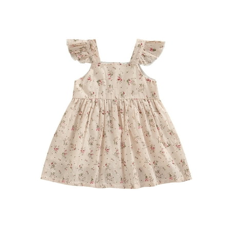 

Calsunbaby Little Girl Fashion Floral Dress Toddlers Infants Casual Square Collar Button-Down Fly Sleeve A-line Skirt