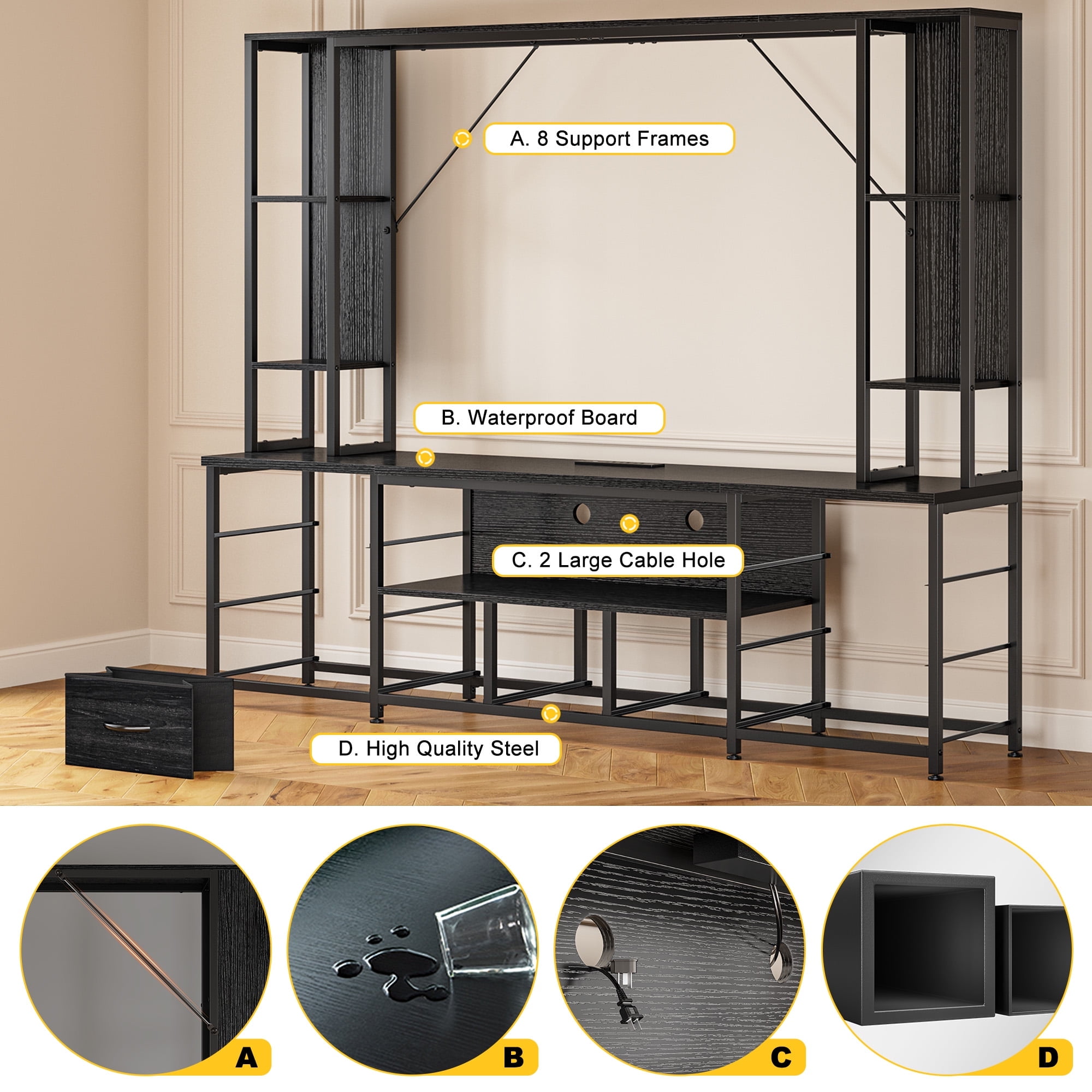 EnHomee 65" TV Stands for Living Room Entertainment Wall Unit with 11 Fabric Drawer TV Console Table with LED Lights & Power Outlets,Black