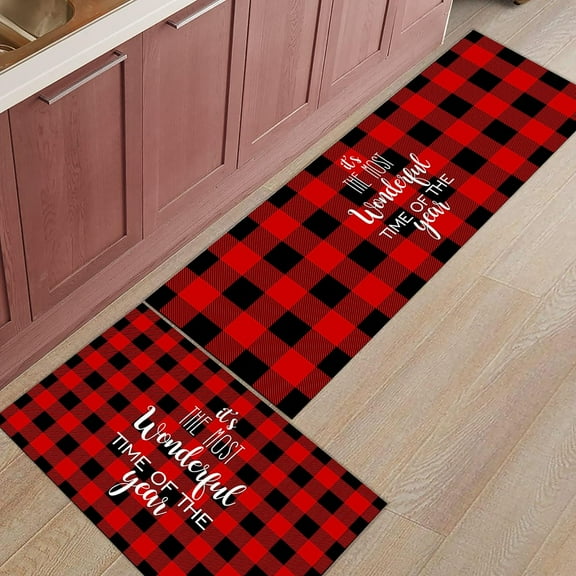 Kitchen Rugs and Mats Set of 1 Have Yourself a Little Chrismas Red and Black Plaid Kitchen Sink Mat,Non-Slip Area Runner Rug,Washable Floor Mat for Home Dining Room Office 15"x47"