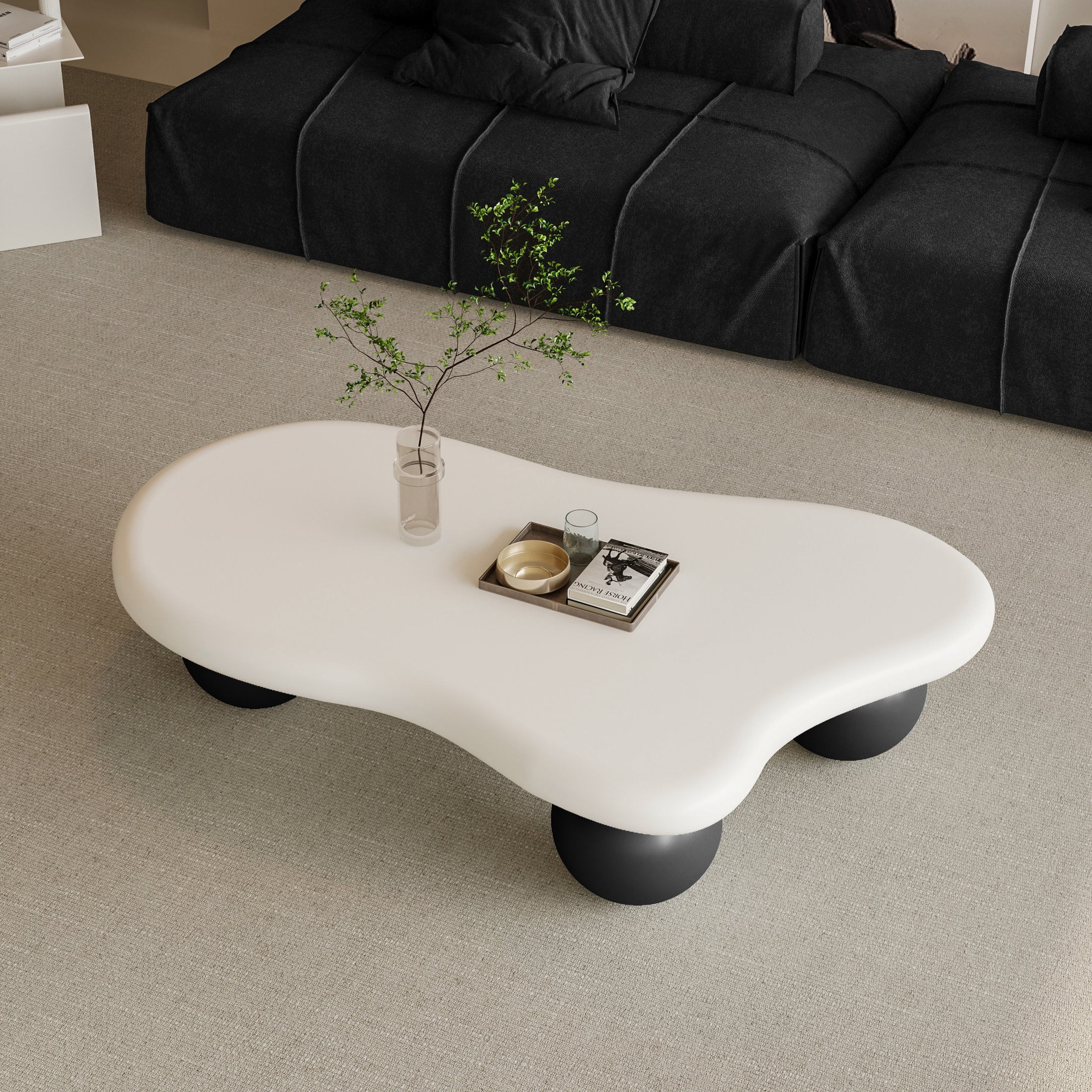 Noble House 47" Cloud Shaped Coffee Table with Ball Legs, Modern Aesthetic Accent Table for Living Room, White Top Black Legs