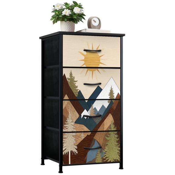 Dresser for Bedroom with 4 Storage Drawers Morden Mountains Boho Woodcut Pine Tree Forest Nature Landscape Dressers Chest of Drawers Steel Framed Fabric Closet Organizers for Entryway Cabin Decor