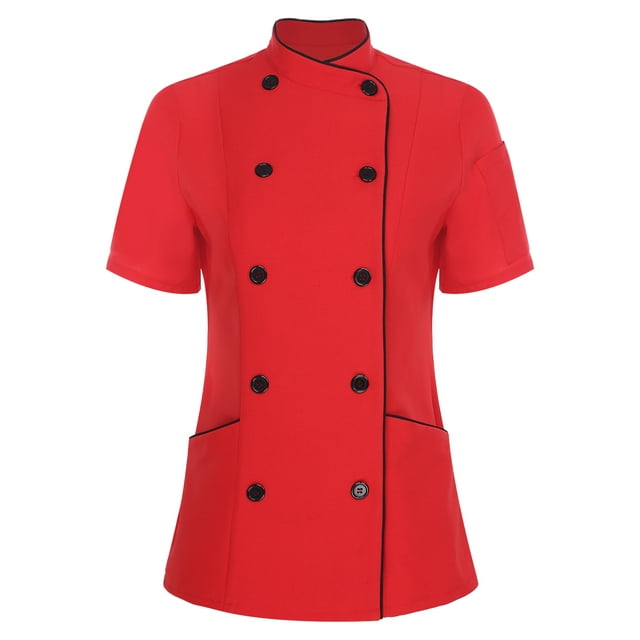 renvena Manteau de Chef à Manches Courtes pour Femme à Col Croisé Veste de Chef à Double Boutonnage Uniforme de Travail de Cuisine Restaurant Rouge m