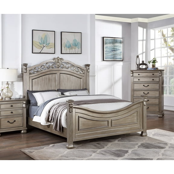 1pc Bed Transitional Look Classic Grey Finish Queen Bed Posts HB FB Bedrooom Furniture
