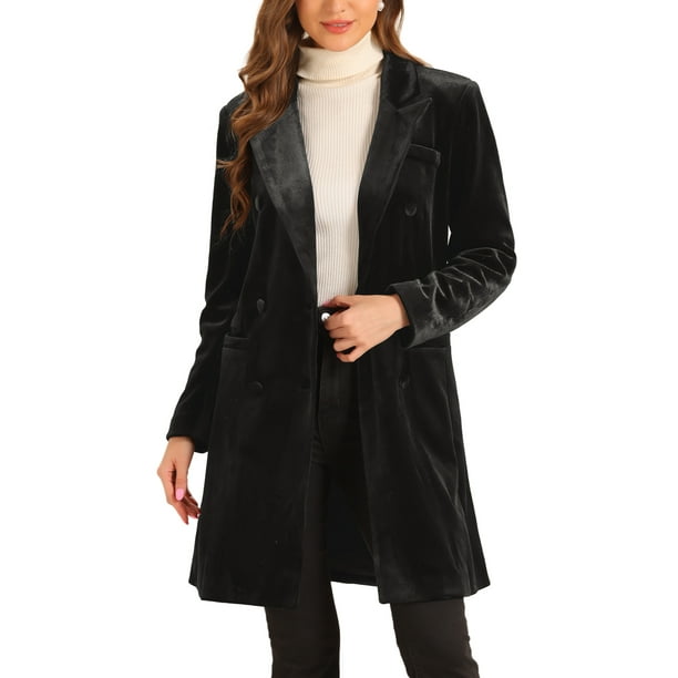 ABRIGO DE MUJER INSPIRE CHIC Terciopelo con Solapa Doble Botonadura Manga Larga Abrigos de Invierno Sólidos L Negro