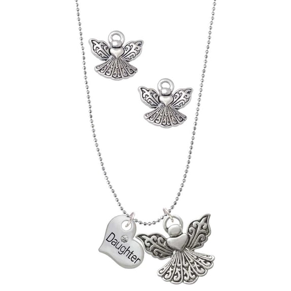 Delight Jewelry Silvertone Small ''Daughter'' Heart with Clear Crystal Silver tone Guardian Angel Charm Necklace and Stud Earrings