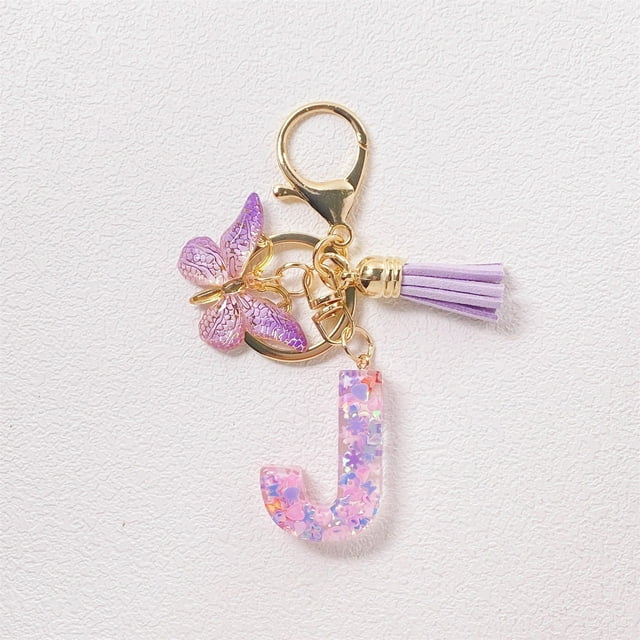 Initial Letter Keychains For Women Tassel Purple Cute Car Keychain For Wallet Backpack Bag