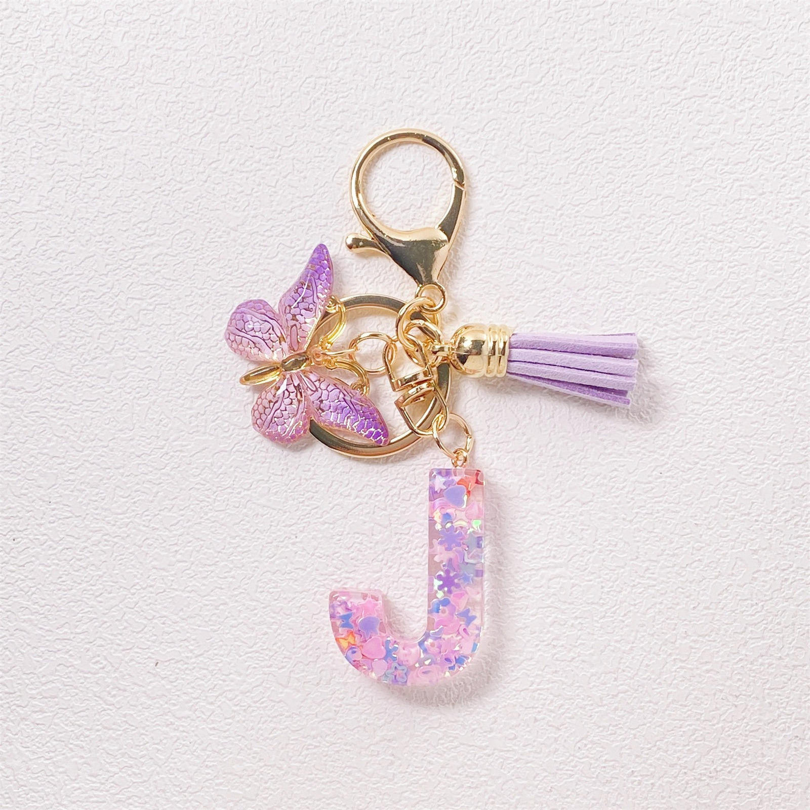 Porte-clés Initiale Strass En Résine - Lettre Bling Avec Papillon, Pompons, Pour Sac, Voiture, Cadeau