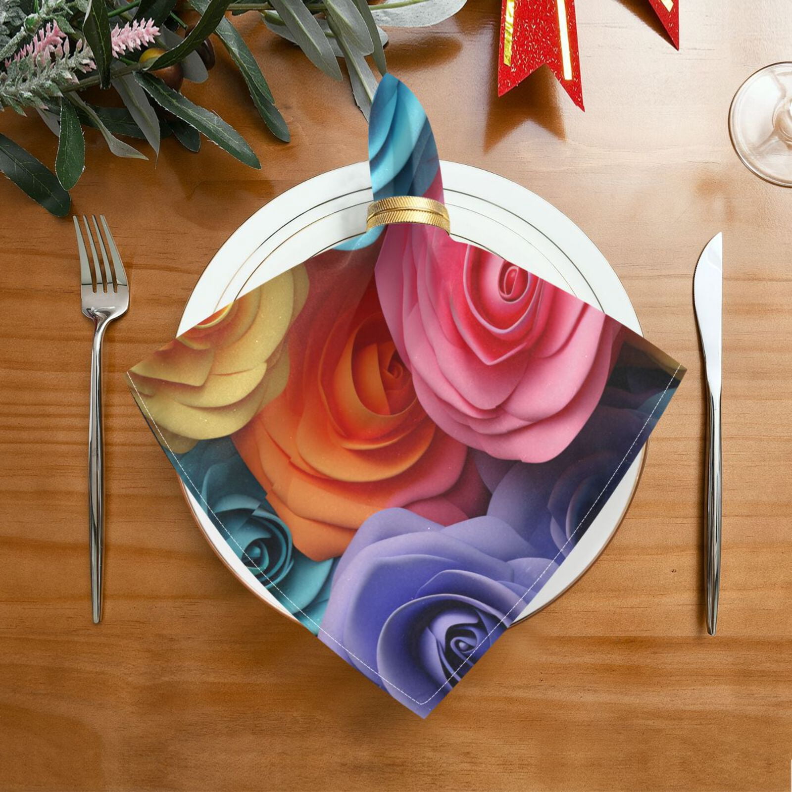 JSTEL Rainbow Rose Flowers 3d Cloth Napkins Set of 6, 20x20 Inch Washable and Reusable Napkin for Decoupage Dinner Party Everyday Use