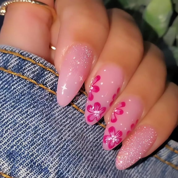 Long Press on Nails with 3D Floral Designs, Pink French Tips Fake Nails, Glossy Finish Glue on Nails, Extra Long Square Shaped Artificial Nails, Spring Stick on Nails for Women, 24 Pieces 8 style1