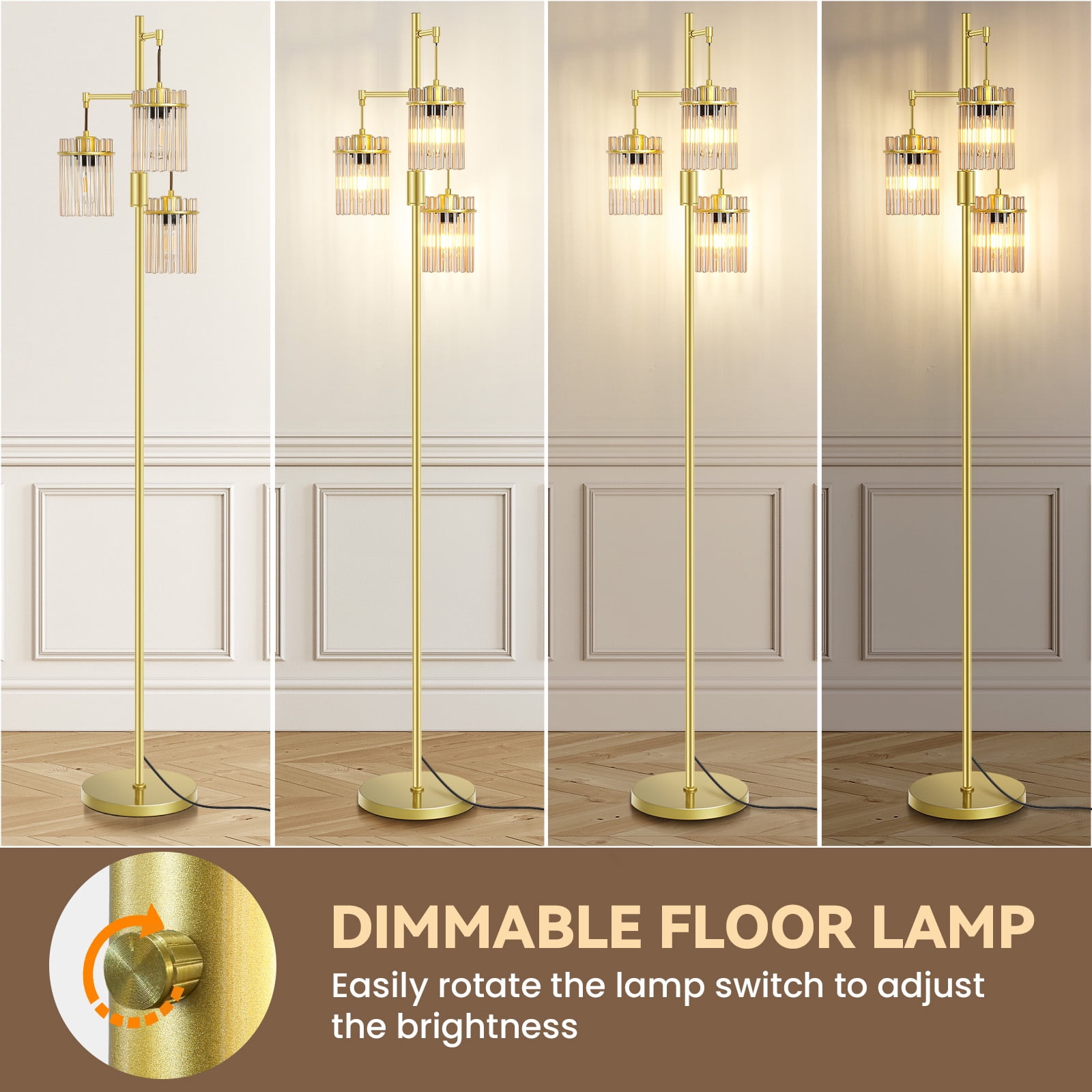Industrial Modern Floor Lamps for Living Room, Dimmable Glass Tree Standing Tall Lamps with 3 Elegant Teardrop Cage Head & 800 Lumens LED Bulbs for Bedroom Office (Gold)