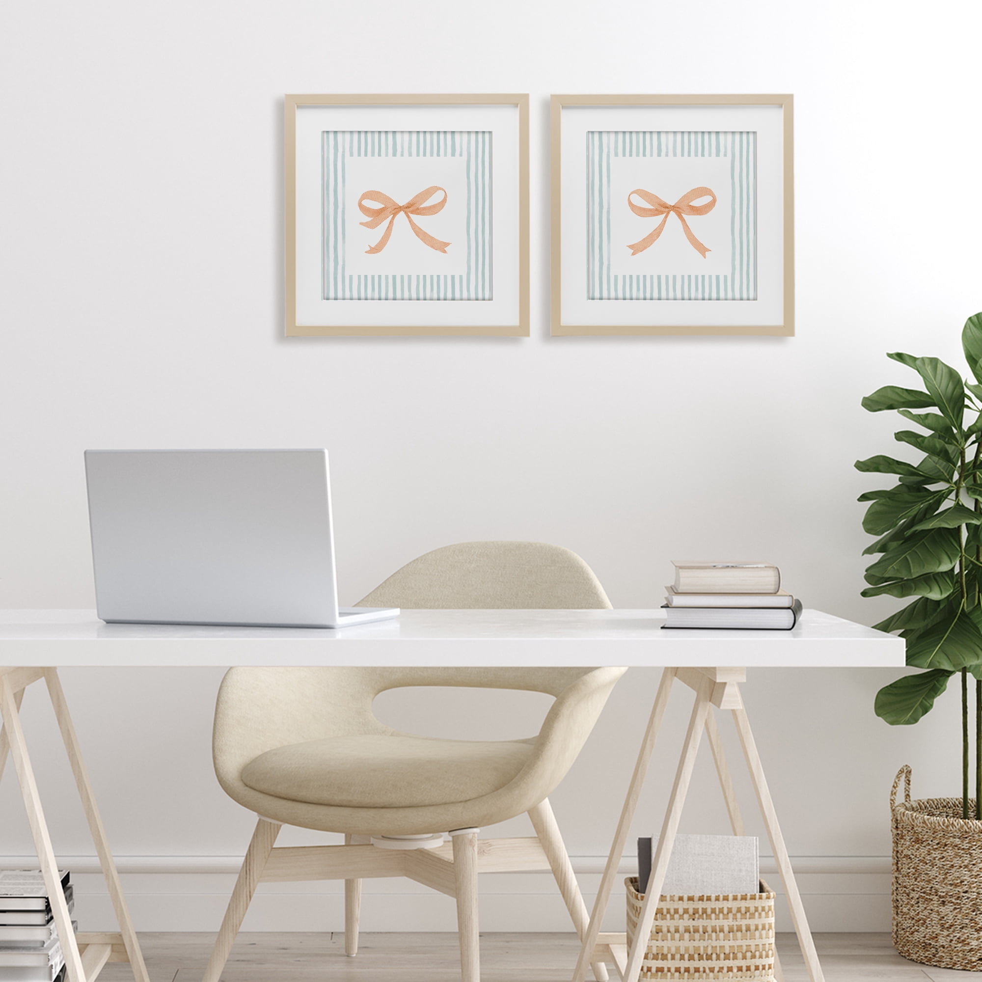 Stupell Industries Orange Bows and Blue Stripes 2 Piece Birch Framed Print Under Glass Set, design by Patricia Pinto