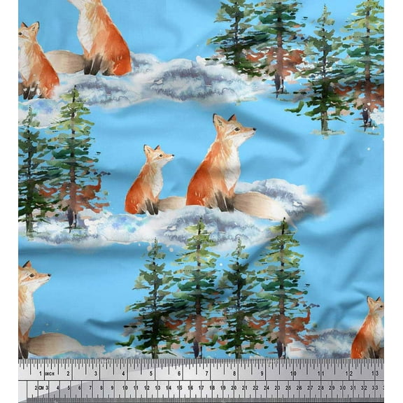 Soimoi Blue Cotton Duck Fabric Fox & Pine Tree Decor Fabric Printed Yard 42 Inch Wide