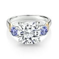 thumbnail image 2 of Gem Stone King 925 Silver and 10K Yellow Gold Moissanite and Blue Tanzanite 3 Stone Ring for Women (5.60 Cttw, Gemstone Birthstone, Cushion 10MM, Round 4MM, Size 6), 2 of 3