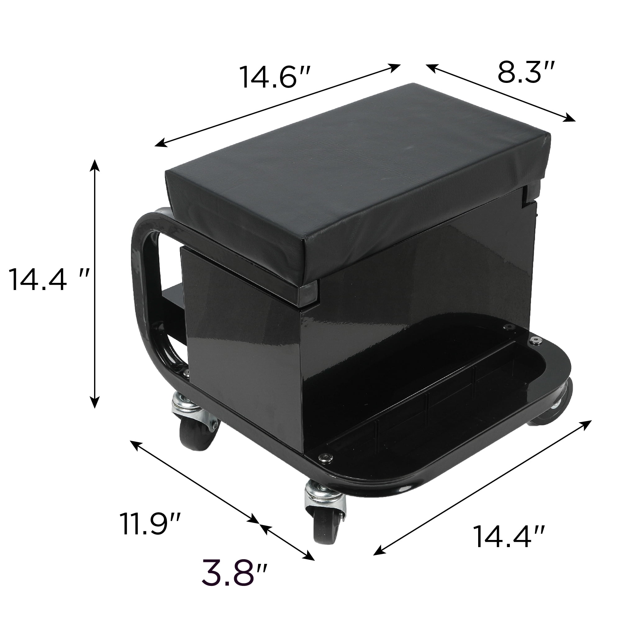 Leumius Rolling Creeper Garage/Shop Seat with Three Built-in Drawers, Rolling Tool Chest, Soft Padded Vinyl Seat, 350lb Capacity, 360° Swivel Casters, Black