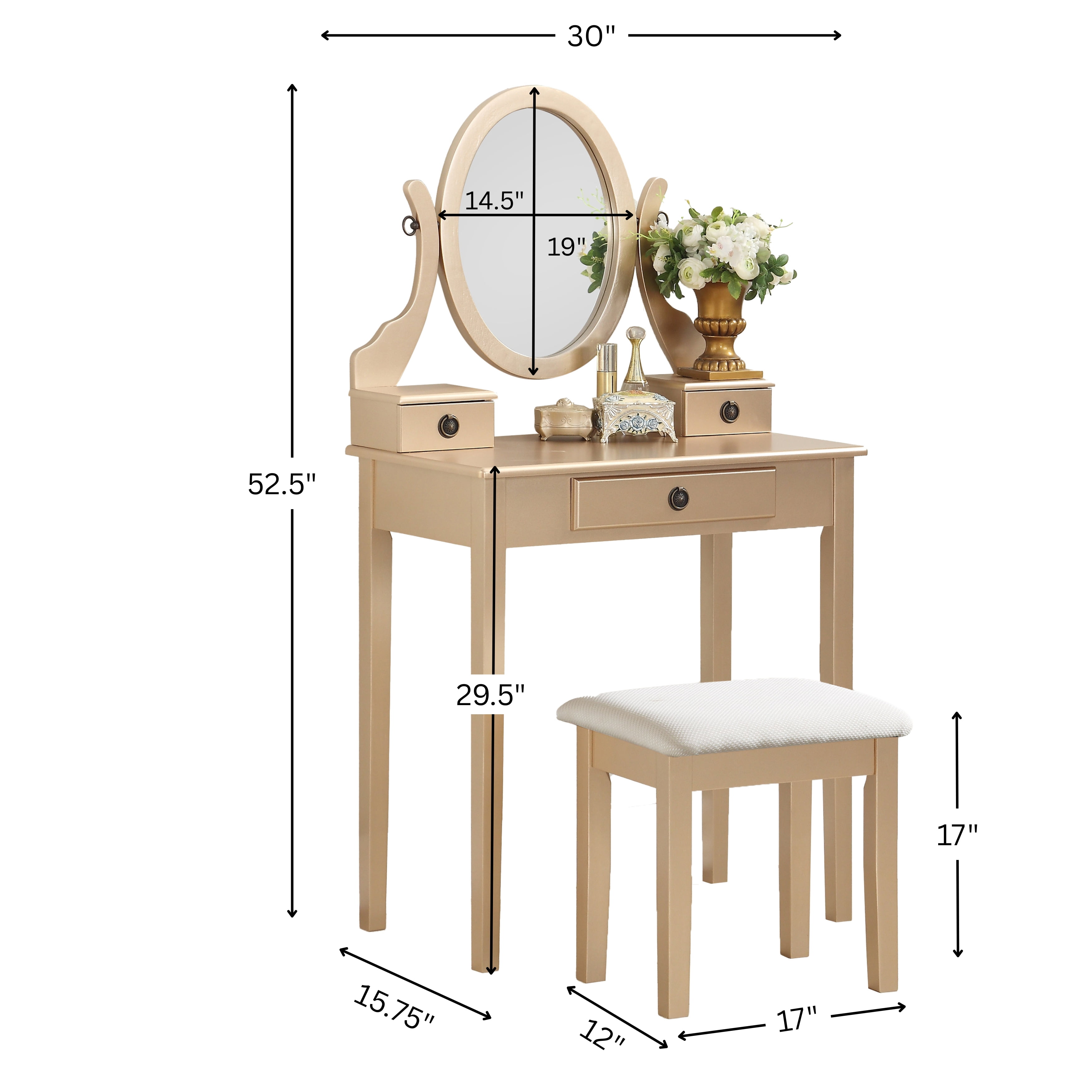Roundhill Furniture Moniys 3 Piece, Modern Swivel Makeup Table Set, Gold