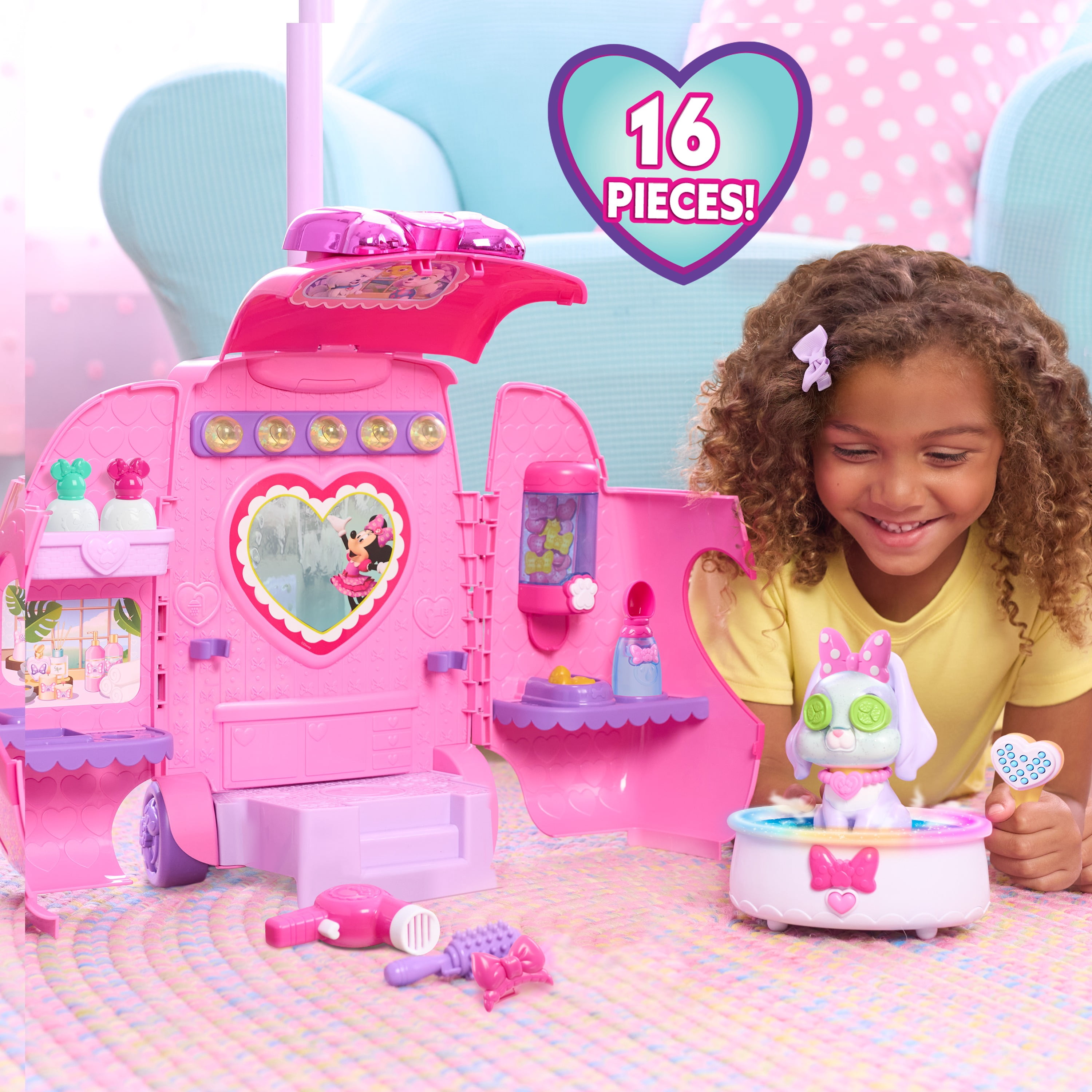 Disney Jr. Minnie Mouse Groom & Go Pet Salon Playset with Lights, Sounds, Role-Play Toy with 16 Accessories, and Cream Puff Figure, Ages 3 and up