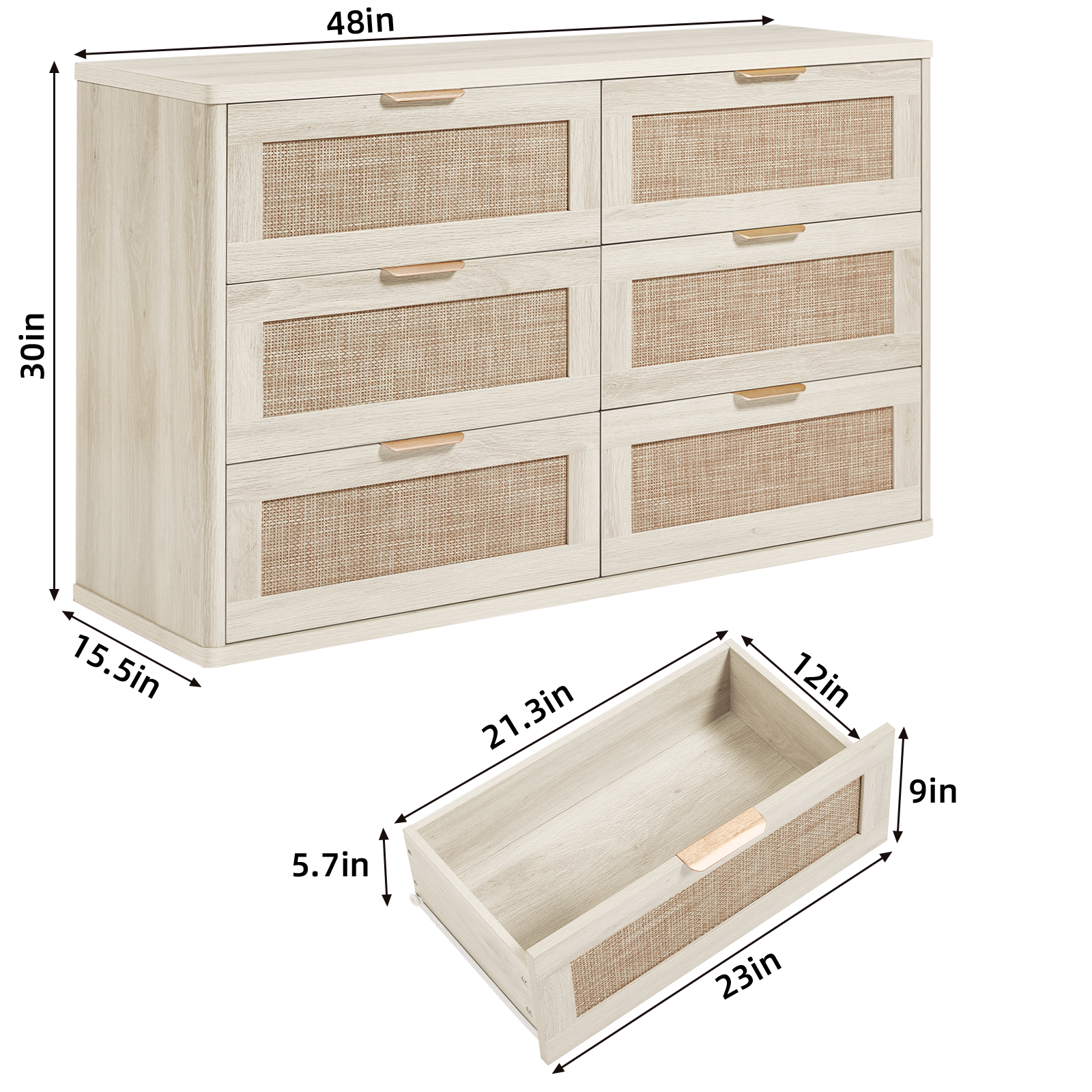 LELELINKY White Dresser,6 Drawer Dresser for bedroom, Boho Wood Storage Cabinet for Living Room