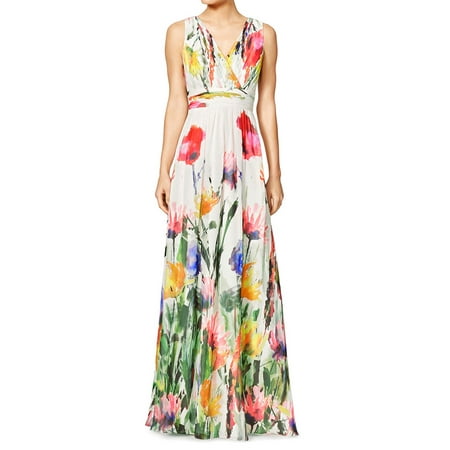 Woman Sleeveless Crossover V Neck Floral Print Empire Waist Maxi Dress ...