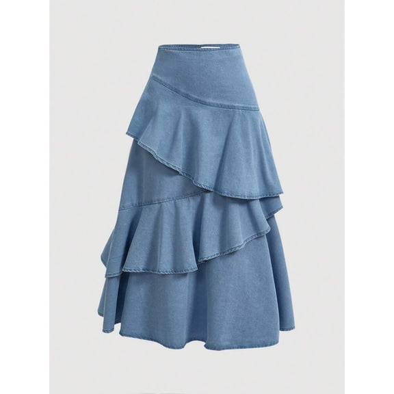 Light Wash Denim Tiered Ruffle Skirt A-Line Mid-Length Casual