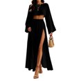 thumbnail image 2 of Womens Matching Sets Summer 2 Piece Beach Vacation Outfits Long Sleeve Crop Top High Slit Maxi Skirt Set Resort Wear, 2 of 6