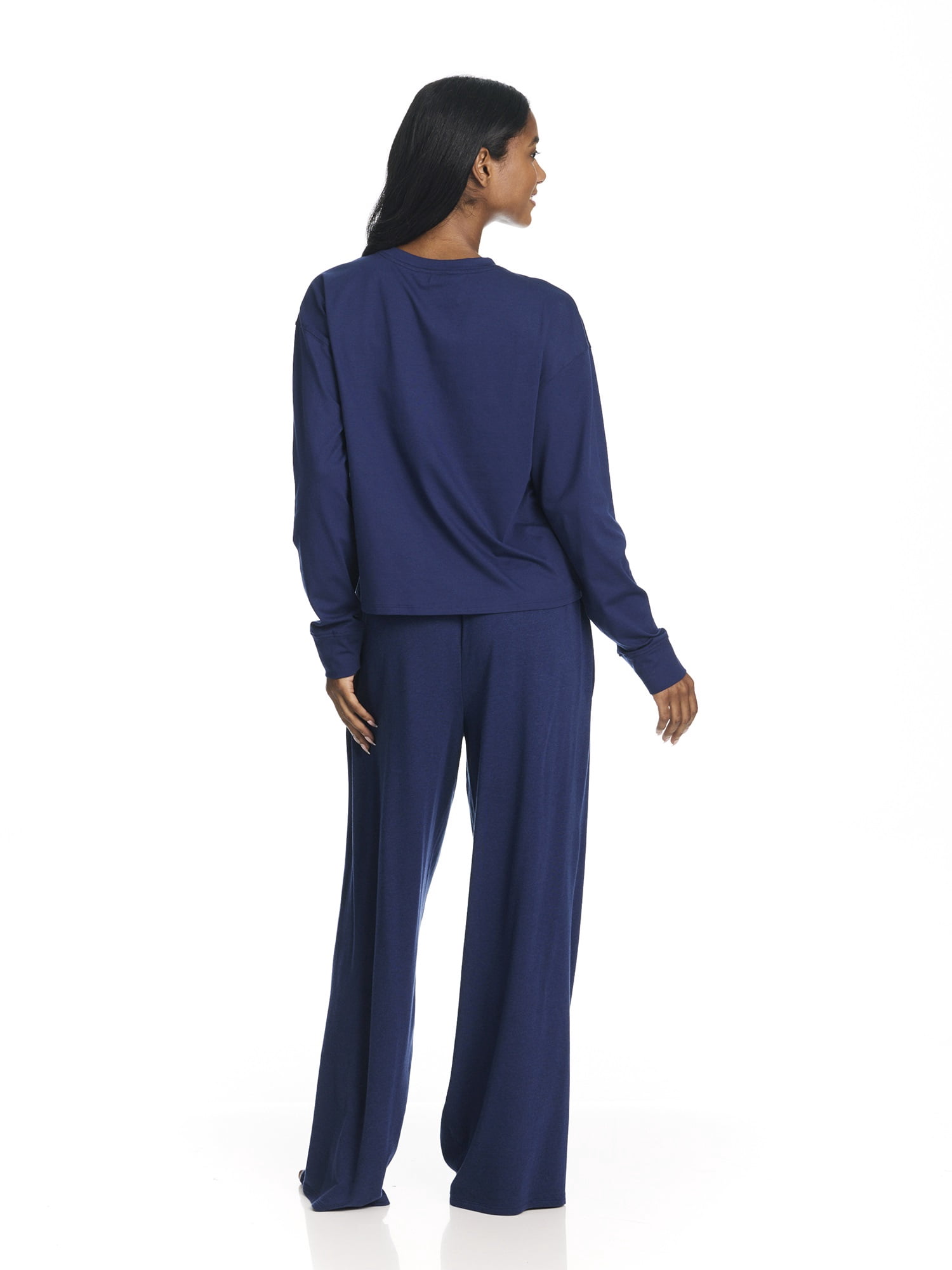 U.S. Polo Assn. Women's Long Sleeve Cotton Span Top and French Terry Wide Leg Pant Pajama Sleep Set, 2-Piece, Sizes S-3X
