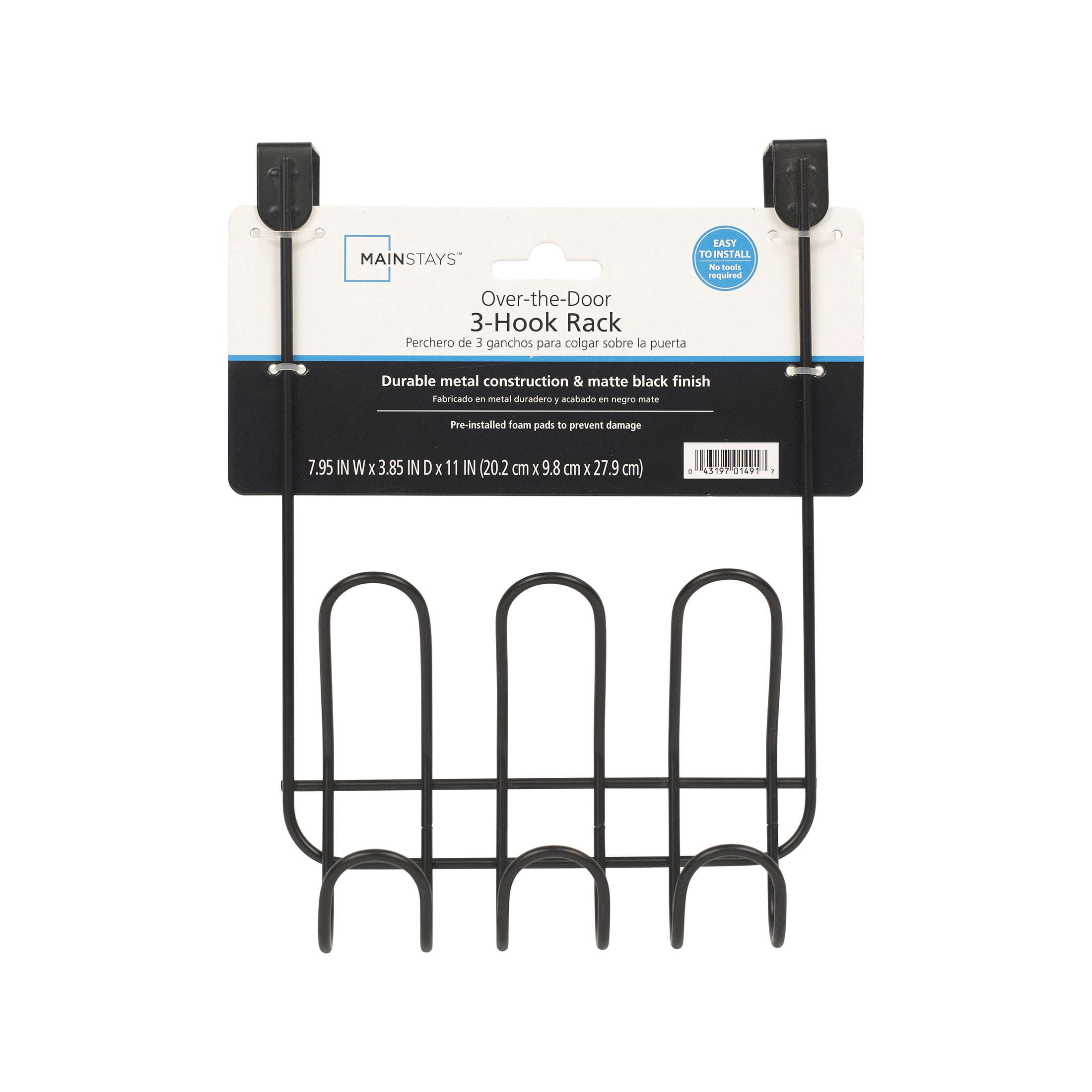 Mainstays Over-the-Door 3-Hook Rack, No Drilling, Black