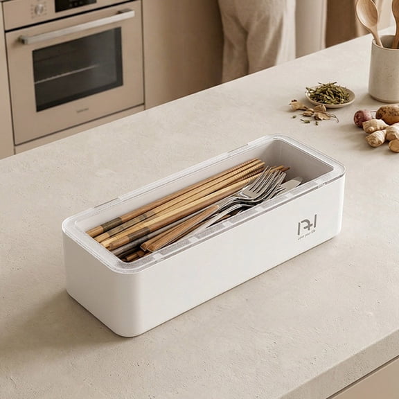 White Cutlery Storage Box With Drain Holes, Utensil Organizer For Kitchen Drawer Countertop Chopsticks Spoon Holder