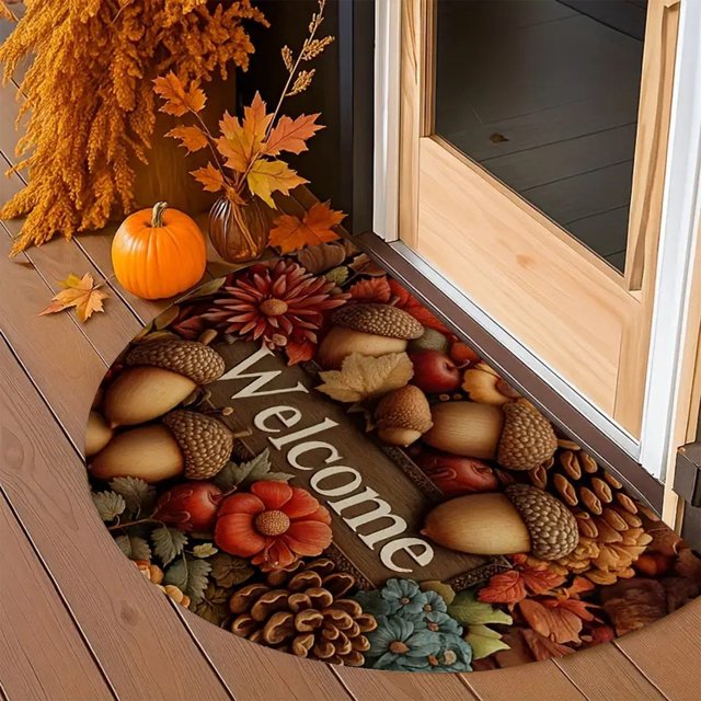 Tapetes de poliéster para decoración navideña, tapete de semicírculo con forma de calabaza y hoja de arce para Acción de Gracias, tapete resistente a la suciedad para la entrada del porche, tapete dec