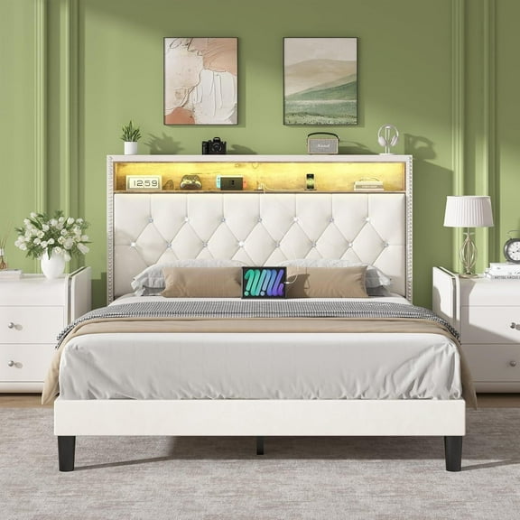 4 EVER WINNER Queen Size Bed Frame with Storage Headboard, Velvet Upholstered Bed Frame with LED Light, White Queen Bed Frame with Charge Station, White
