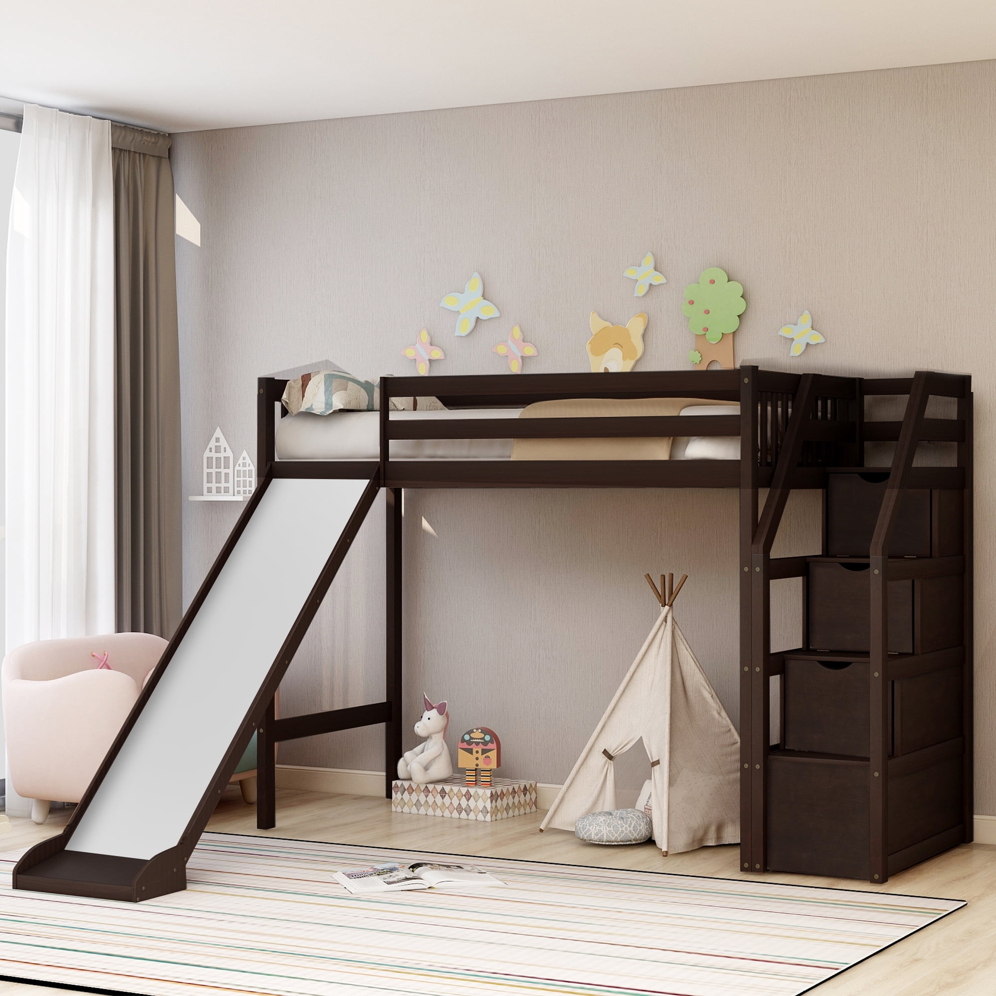Euroco Wood Stairway Twin Size Loft Bed with Slide and 3 Storage