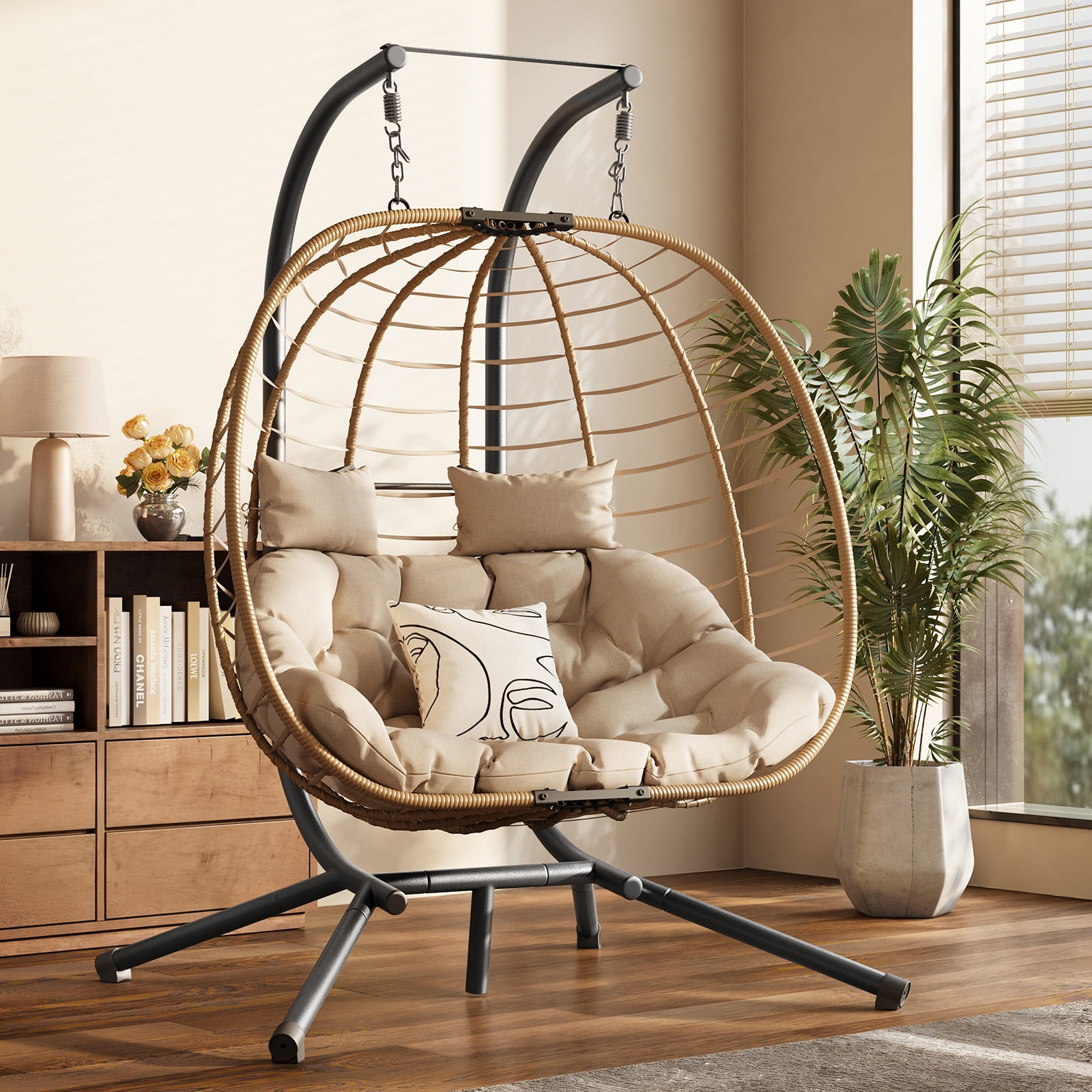 ELPOSUN Double Wicker Swing Egg Chair 2 Person Foldable Hanging Egg Chair with Stand, Porch Swing Loveseat for Patio, Balcony, Porch, Indoor，Outdoor, Beige