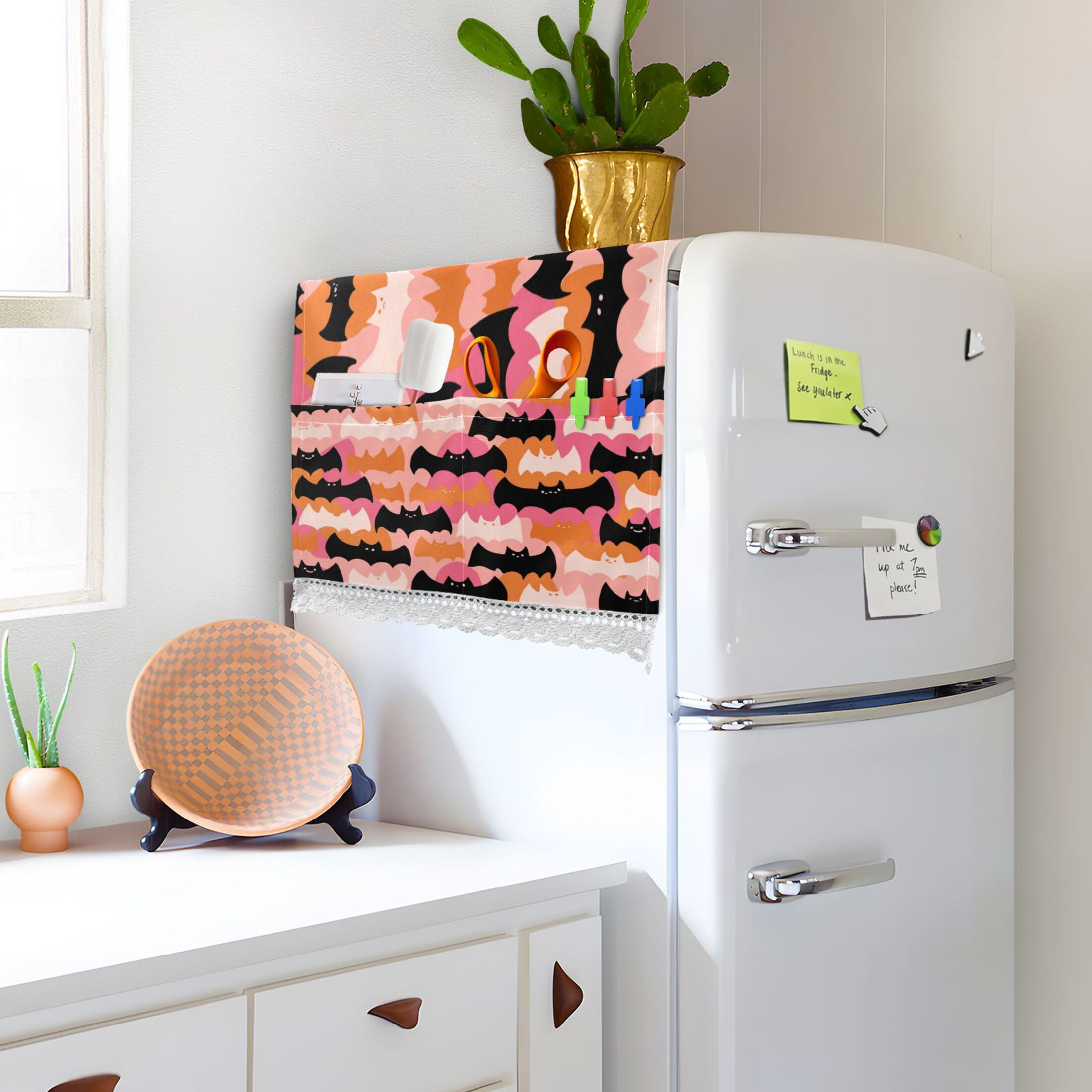 Dustproof Washing Machine Cloth Washer and Dryer Top Covers, Fridge Dust Cover, With Storage Bags Orange and Black Bats