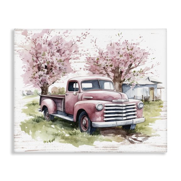 Stupell Industries Cherry Blossoms & Pickup Transportation Painting Gallery Wrapped Canvas Art Print Wall Art, 20 x 16