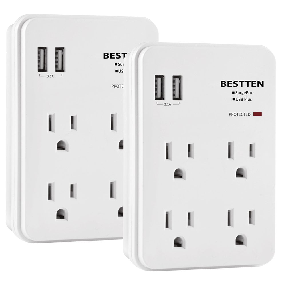 Bestten Multi Wall Outlet Adapter Surge Protector with 2 USB Charging Ports 2.4 
