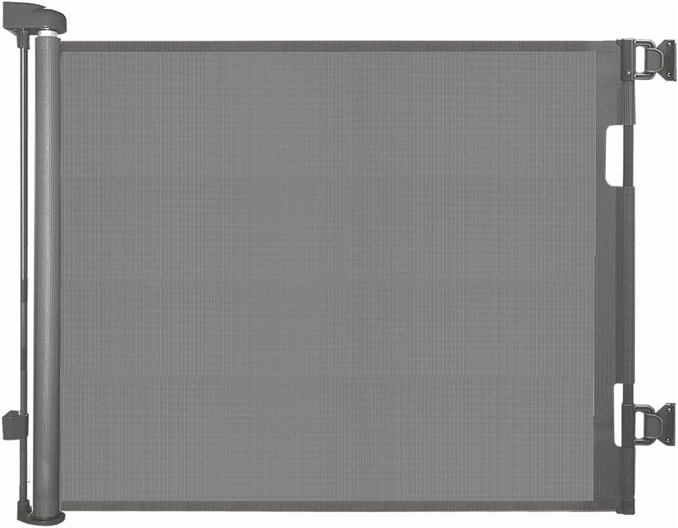 Retractable baby safety gate – width adjustable up to 55 inches – child and pet safety barrier – easy installation, safety latch, grey mesh fabric, suitable for both indoor and outdoor use.