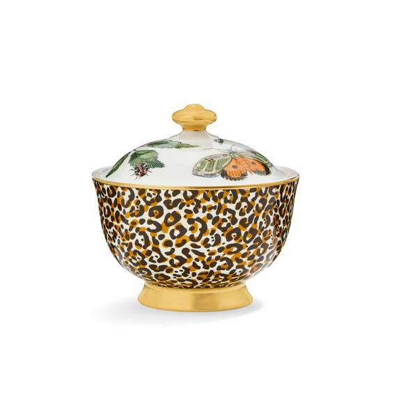 Spode Creatures of Curiosity Collection Leopard Sugar Bowl with Lid, 7-Ounce Sugar Canister, Coffee Bar Accessories, Tea Party, Small Fine China Sugar Dish