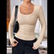 thumbnail image 5 of Camisas de Larga con Cuello Redondo para Mujer, Blusas Informales de Punto Acanalado de Corte Ajustado, Camisetas Básicas de Trabajo para Verano y Otoño. Caqui M, 5 of 9