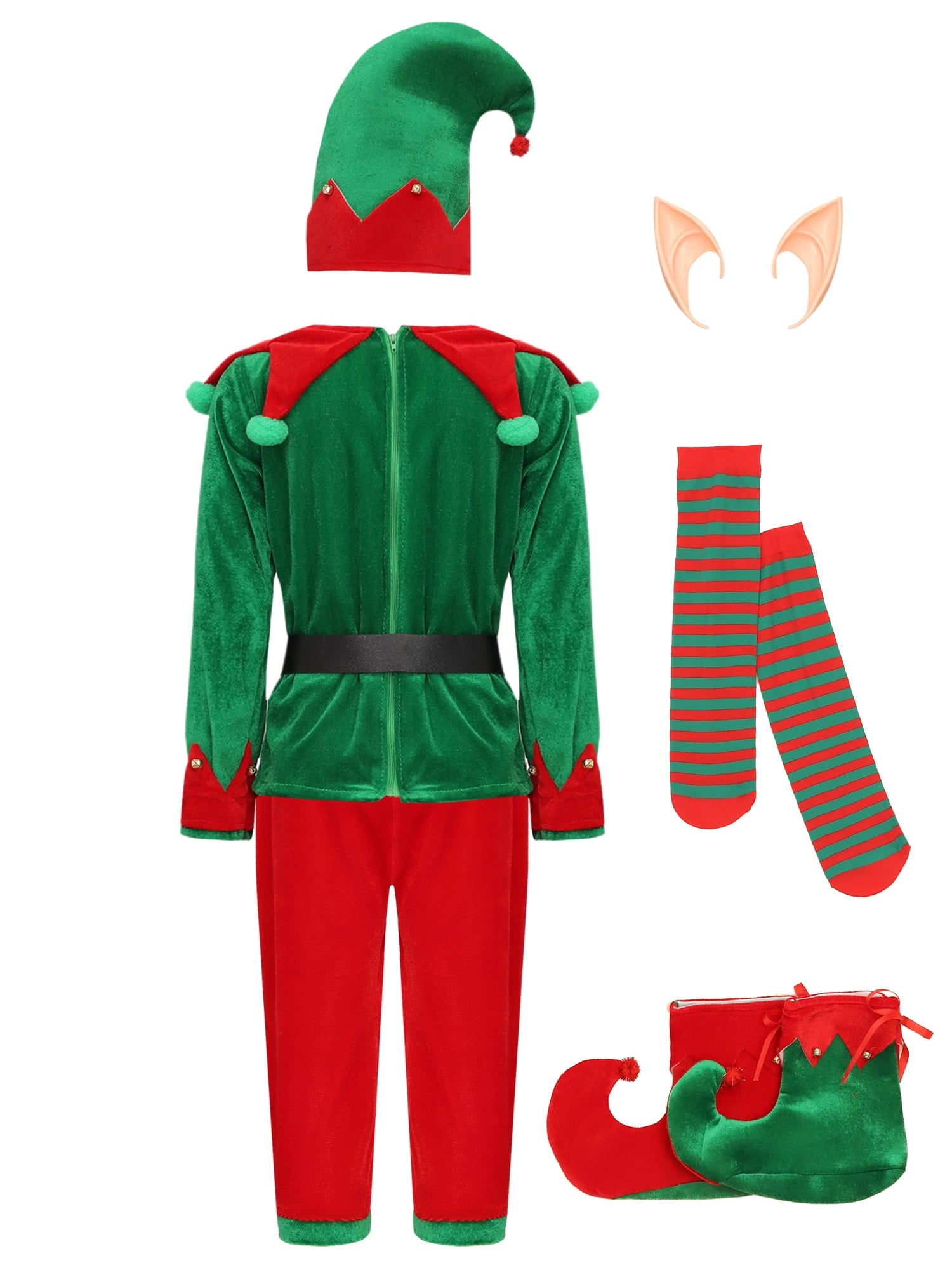 renvena Boys 7-Piece Christmas Elves Outfit Set Christmas Party Role Play Dress Up Set Green 13-14