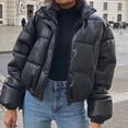 thumbnail image 5 of Winter Thick Warm Cropped Puffer Jacket Women Black PU Leather Parkas Elegant Zipper Coat Cotton Padded Punk Outwear, 5 of 6