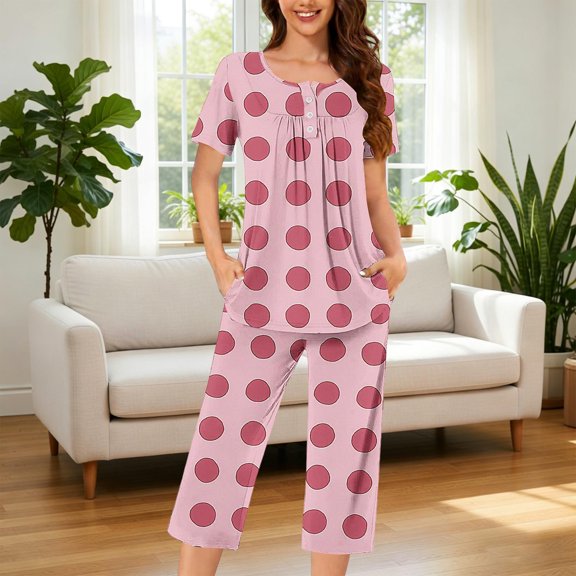 uublik Capri Pajamas for Women Set Short Sleeve Top and Pants Two Piece Pjs Sets Sleepwear Pink