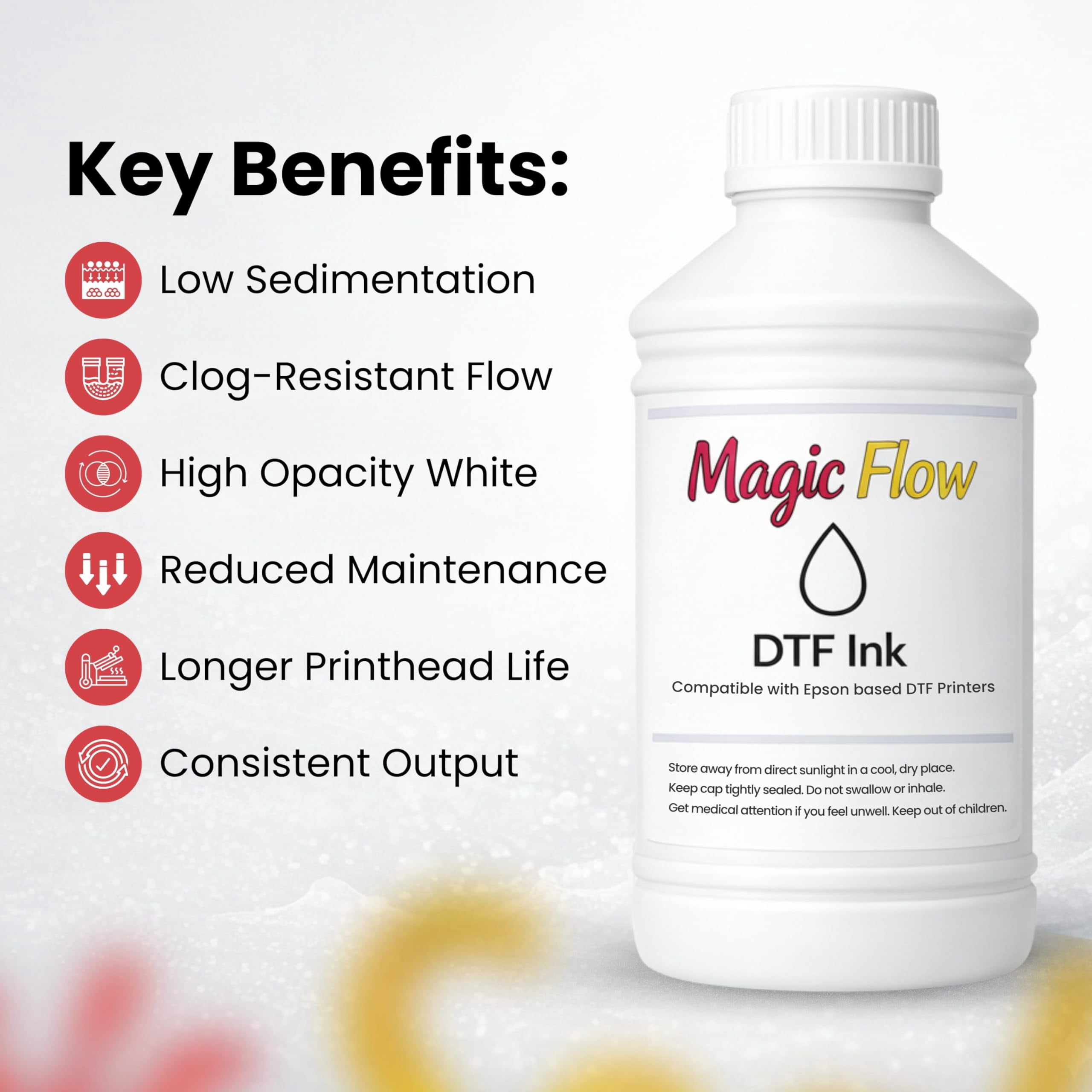 Magicline Solutions MagicFlow White DTF Ink 1000ml - High Opacity, Low Sedimentation White Transfer Ink for Epson XP600, i1600, i3200, L1800 & Epson-Based Printers