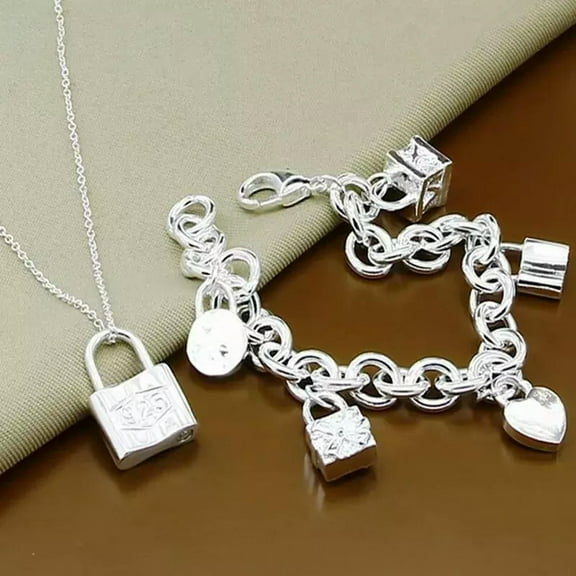 QQTDFG 925 Sterling Silver Charm Heart Square Round Lock Necklace Bracelet Set Jewelry-default