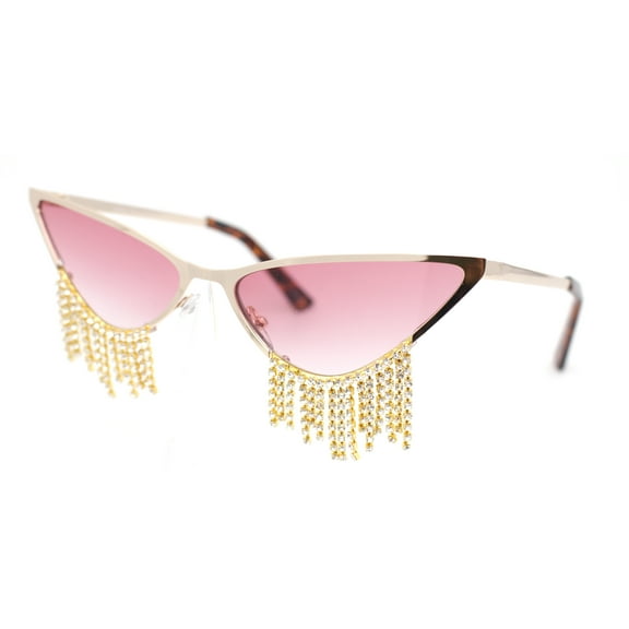 Womens Luxury Rhinstone Tassel Diva Metal Rim Cat Eye Sunglasses Gold - Pink