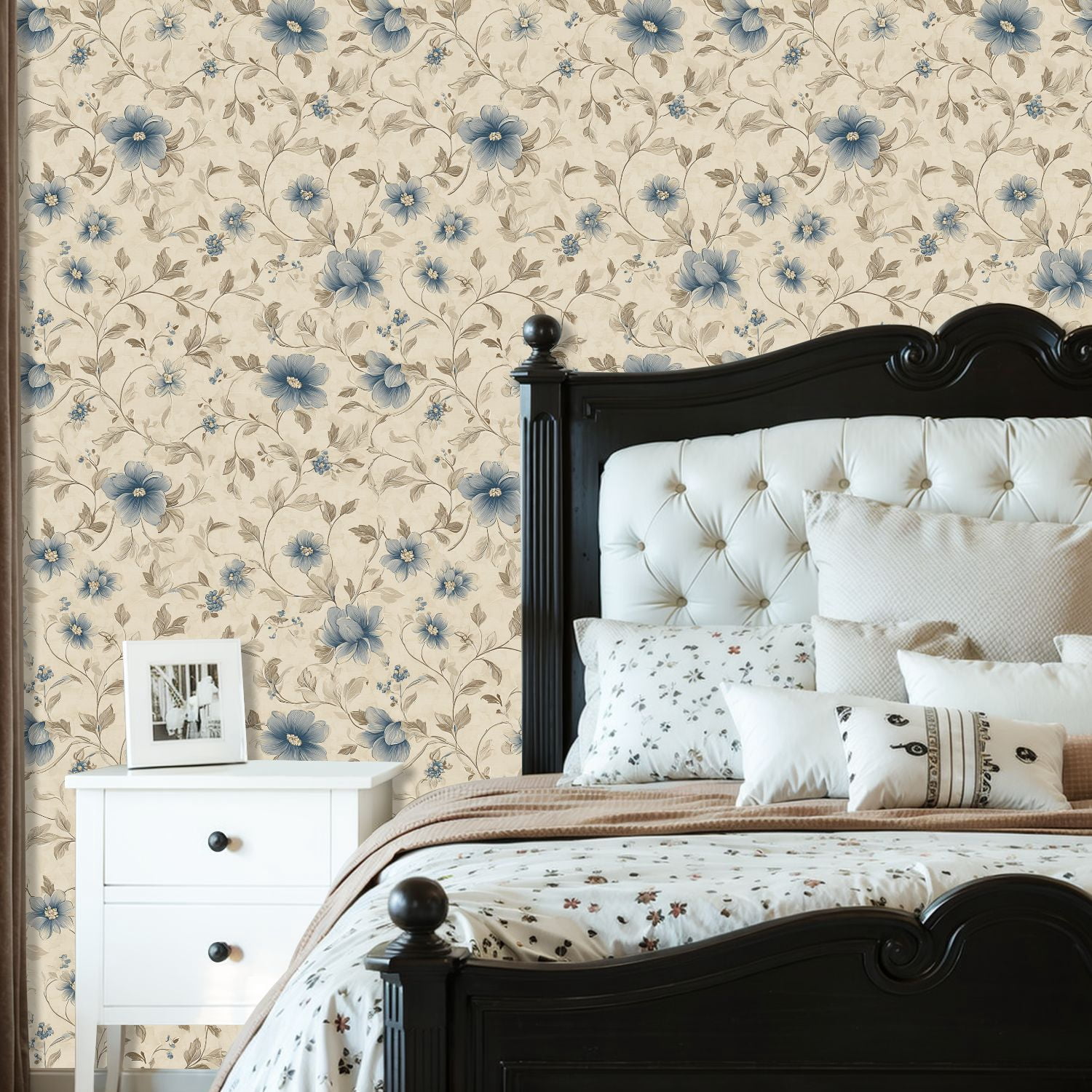 Peel and Stick Wallpaper 23.6in x 9.8ft Vintage Floral Soft Blue Beige Flowers Light Contact Paper Vinyl Waterproof Self Adhesive Wall Paper for Bedroom Shelf Cabinet Renter Friendly