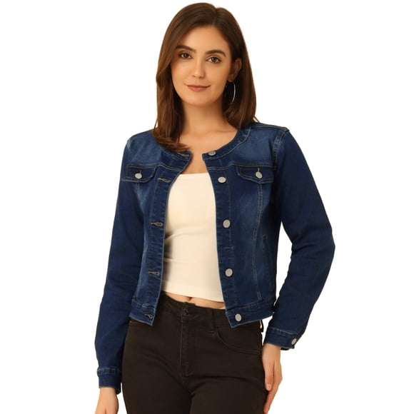 Chaqueta De Mezclilla Para Mujer Chaquetas De Mezclilla De Manga Larga Sin Cuello Con Botones Azul Profundo M