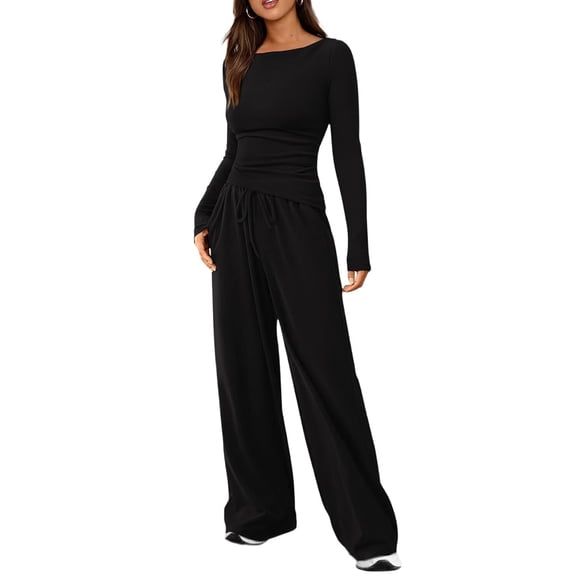 Women'S 2 Piece Lounge Sets Asymmetrical Long Sleeve T Shirt Wide Leg Pants Casual Outfits Tracksuit Black L