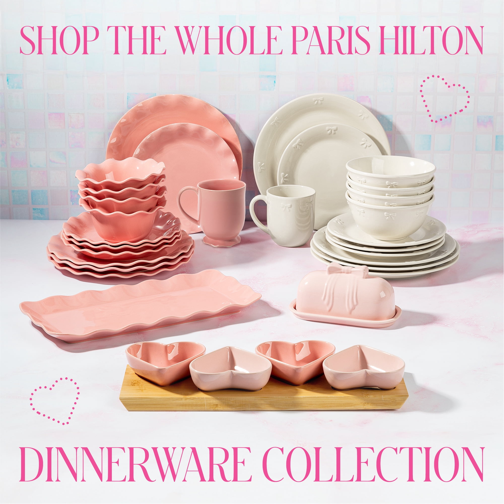 Paris Hilton London Collection 12-Piece Stoneware Dinnerware Set, Plates & Bowls Dish Set, Service for 4, Microwave & Dishwasher Safe, White with Bow Design