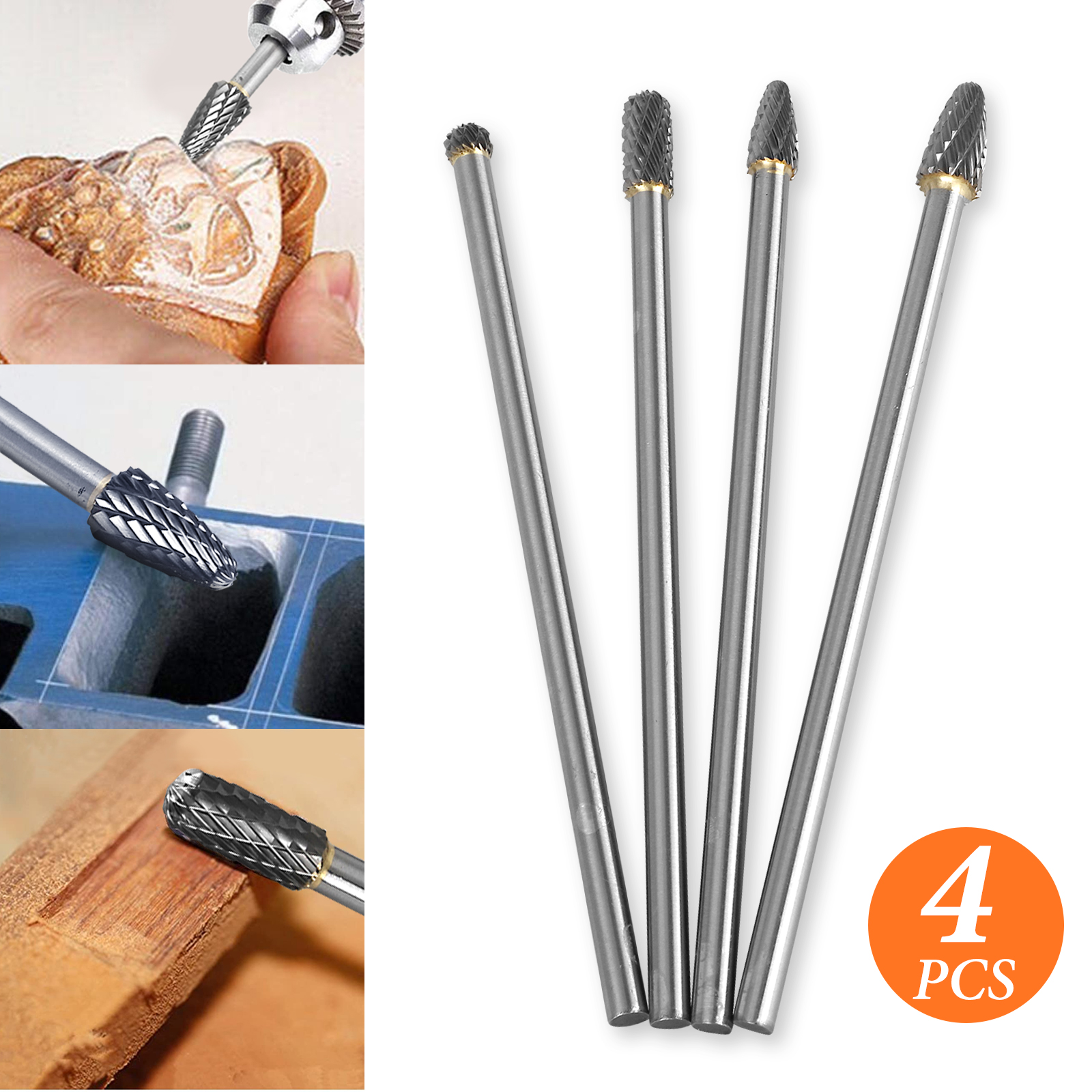 Set Of 4 Long Reach Double Cut Carbide For Rotary Burr Set For 1//4 Shank Polishing Bits Free Two E-books