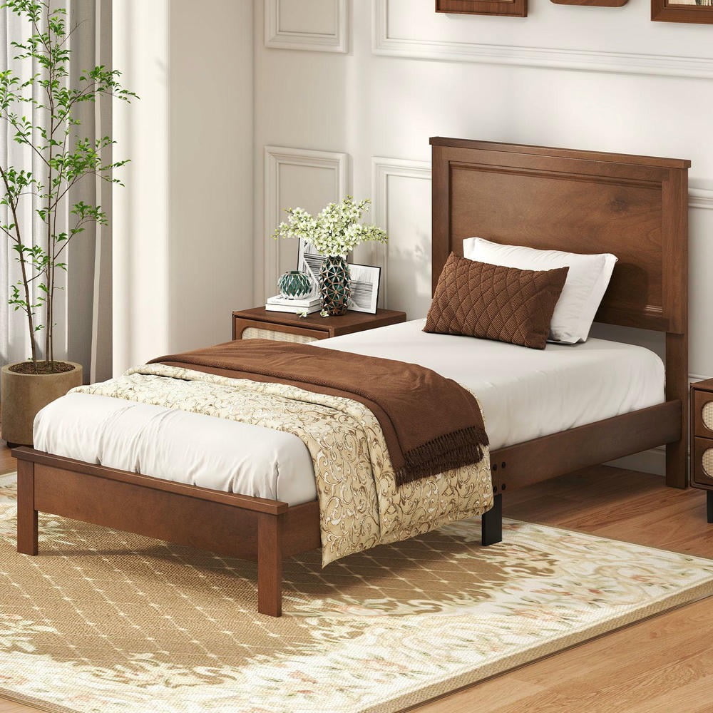 Barara King Twin Size Wooden Bedroom Bed Frame with Headboard and Slat Support, Bed Platform Frame for Apartment, Bedroom, Walnut