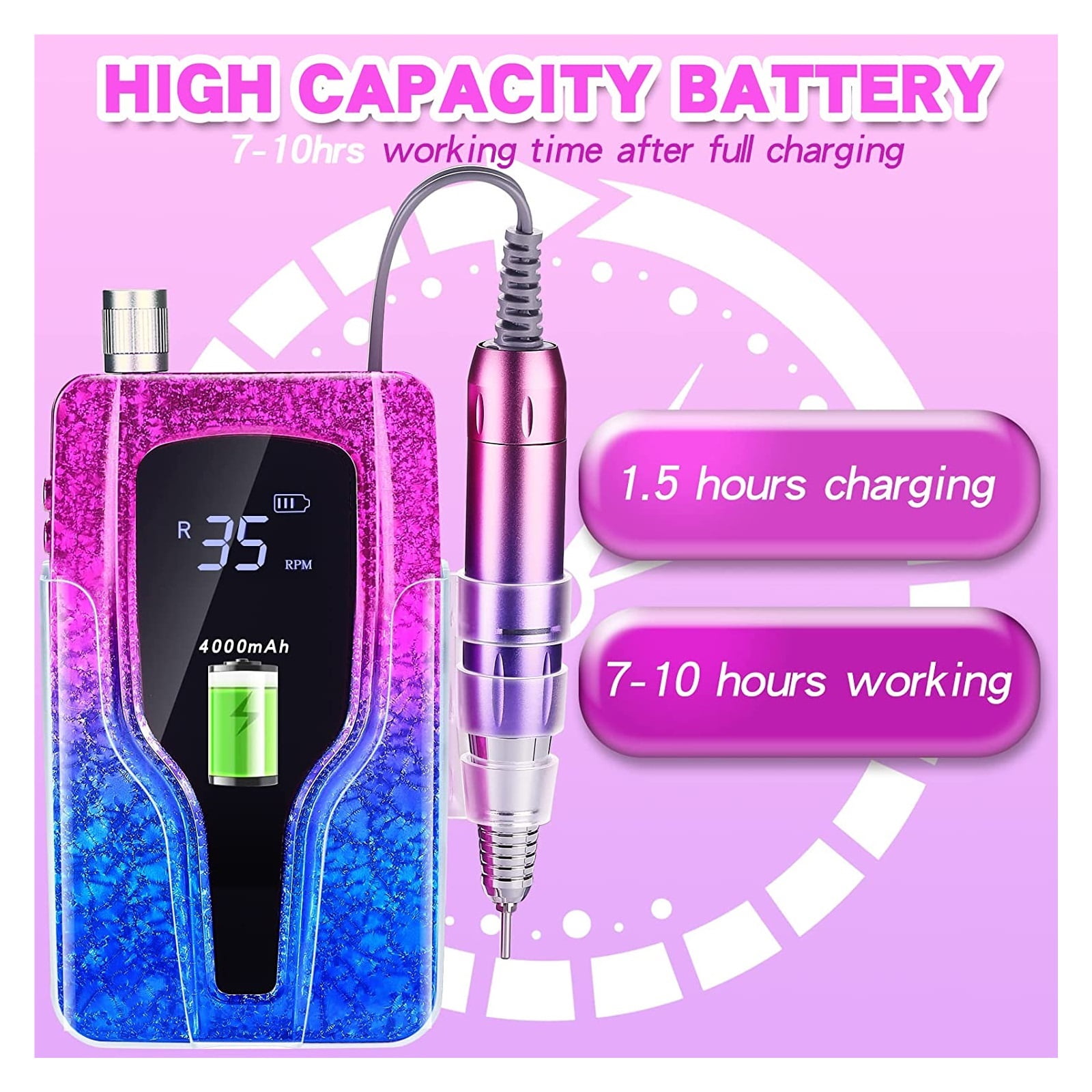 35000RPM Electric Nail Drill Machine Rechargeable Nail Sander LED Display Gel Remover Set Portable Nail Salon Polisher Equipment ,Low Noise